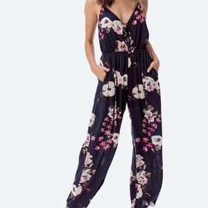 NWT Lovestitch Navy Blue Floral Pink Jumpsuit